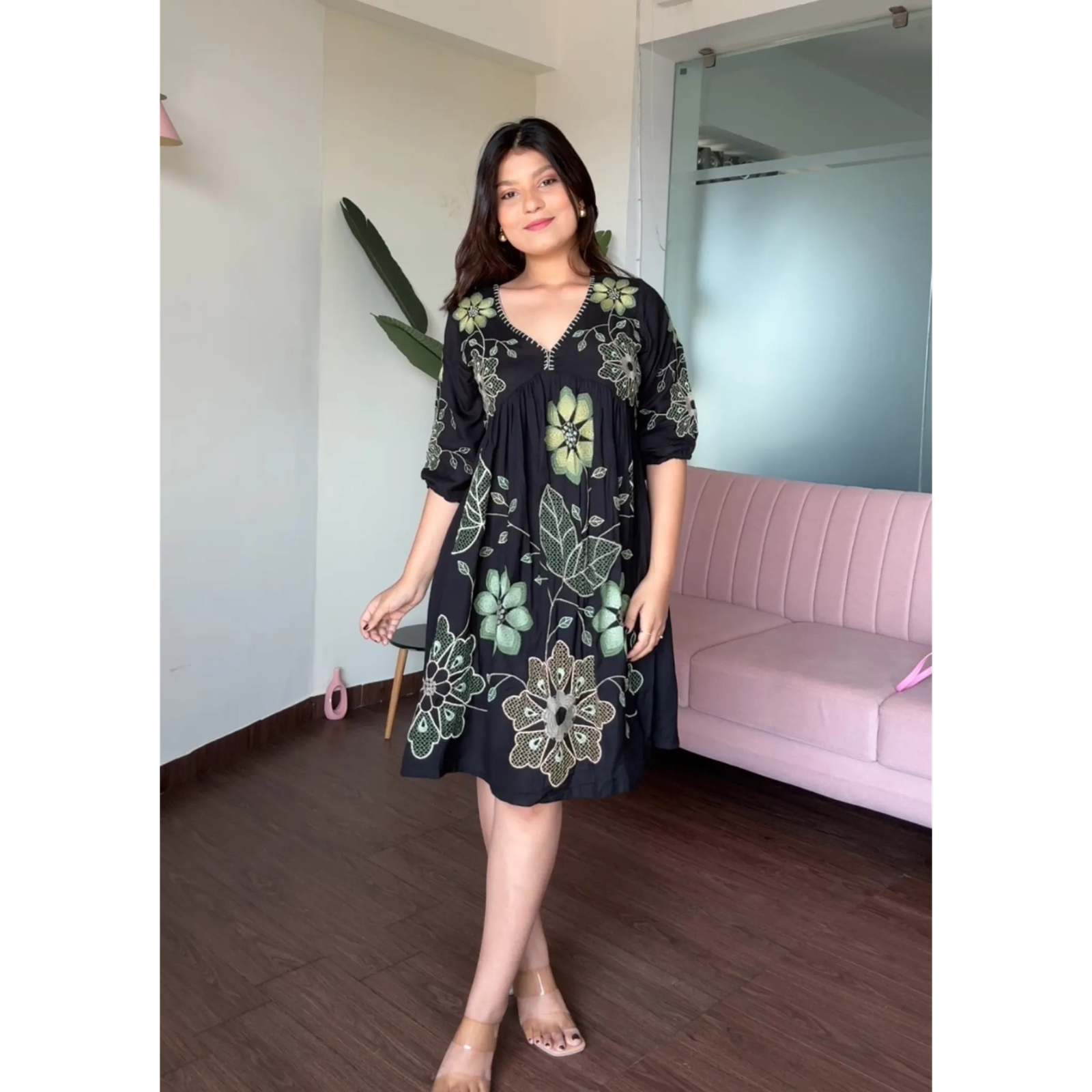 Green Embroidered Cotton Flowy Dress