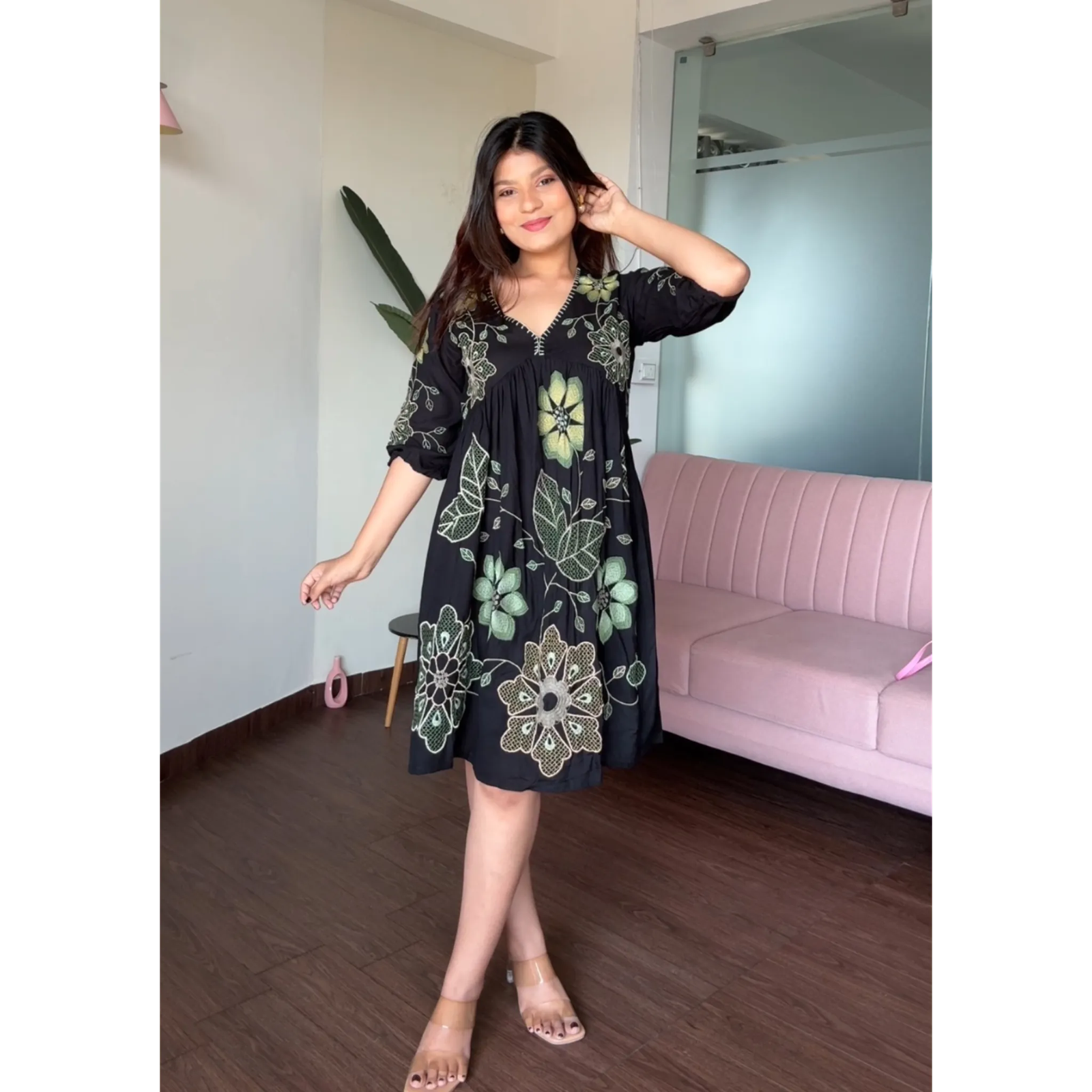 Green Embroidered Cotton Flowy Dress