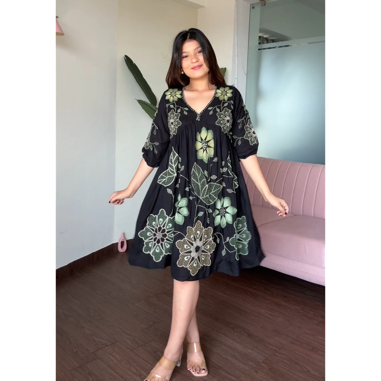 Green Embroidered Cotton Flowy Dress