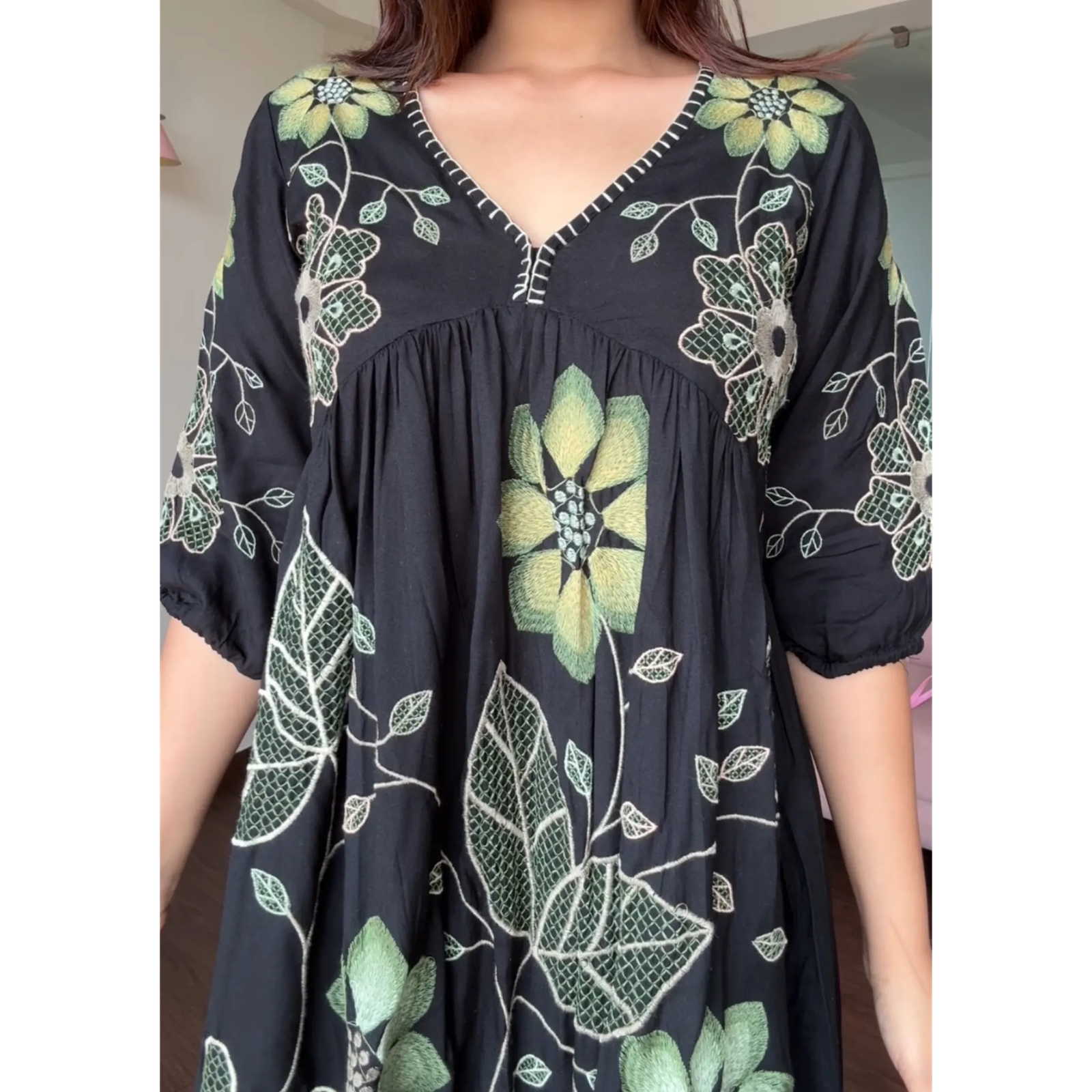 Green Embroidered Cotton Flowy Dress