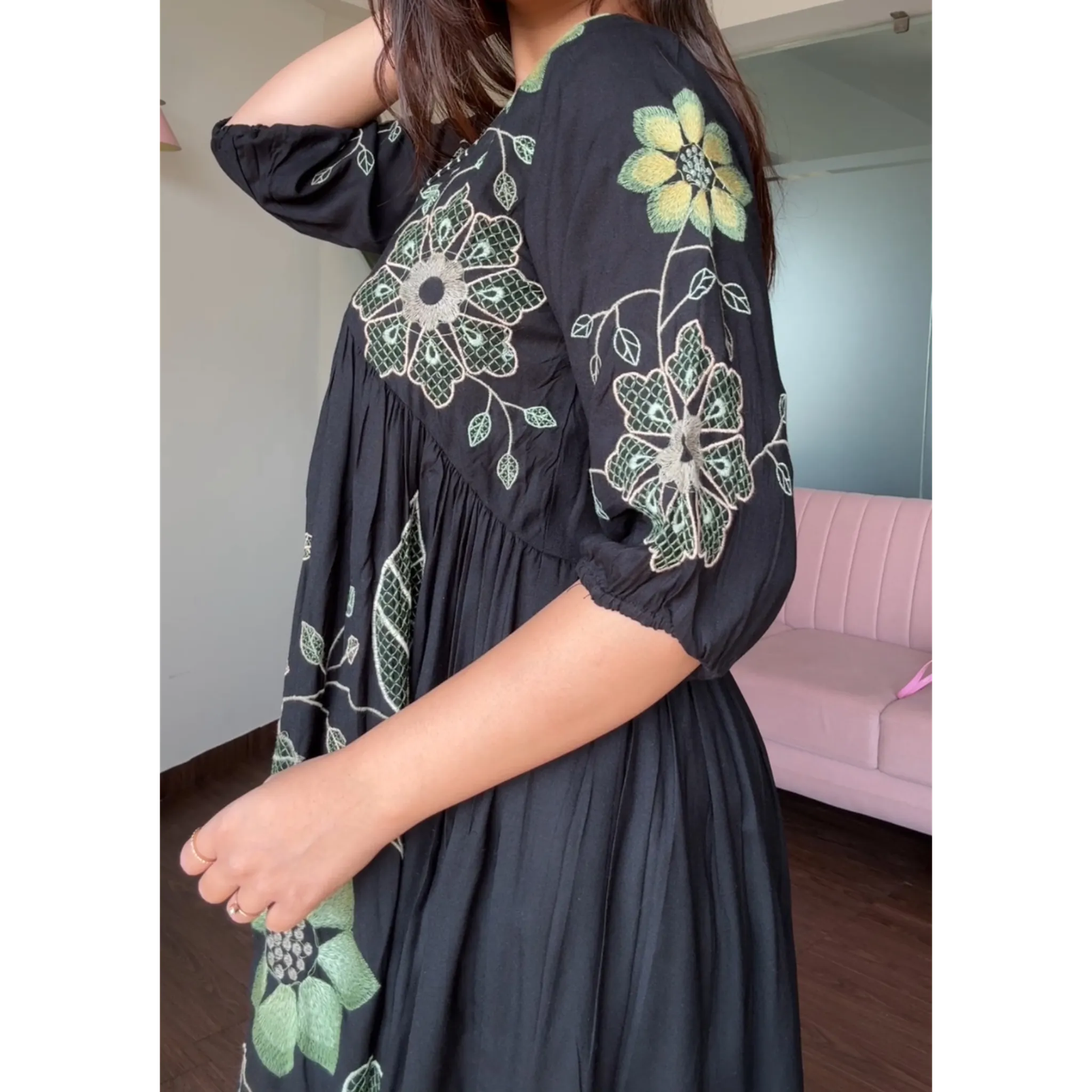Green Embroidered Cotton Flowy Dress