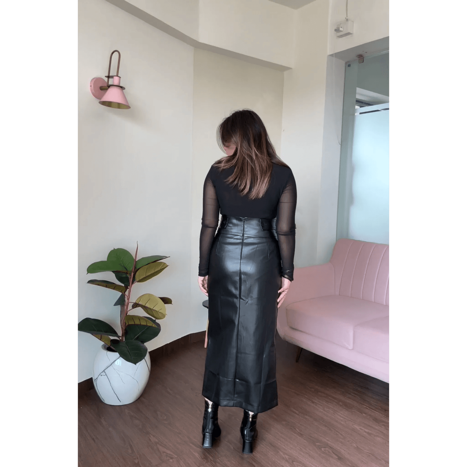 Button Up Waist Detail Midi Leather Skirt