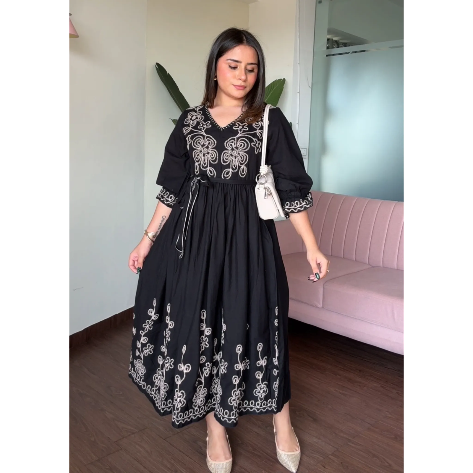 Embroidered Black V Neck Midi Dress With Belt