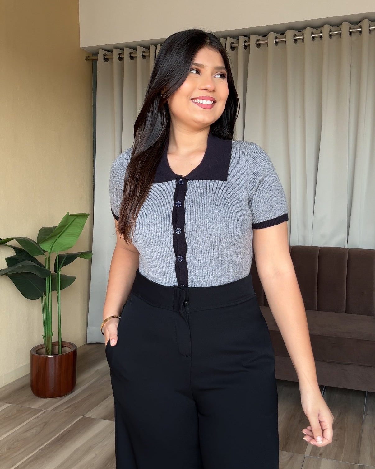 Classic Contrast Button Up Polo Ribbed Top