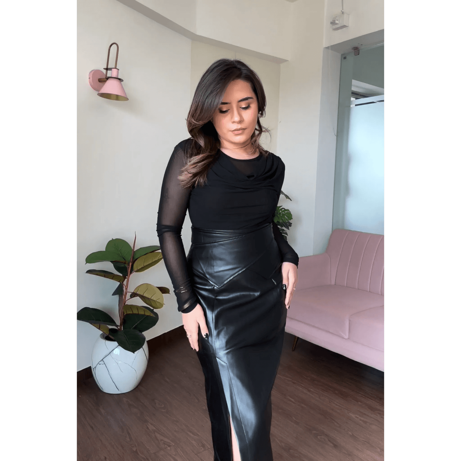 Button Up Waist Detail Midi Leather Skirt