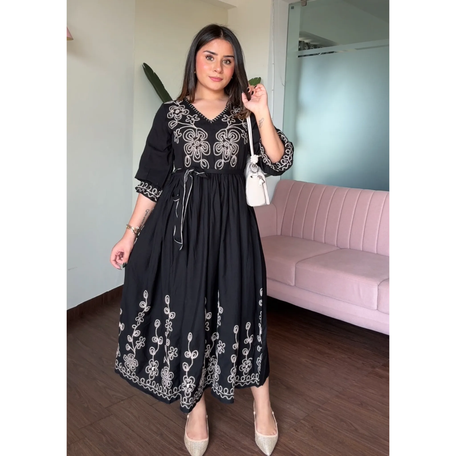 Embroidered Black V Neck Midi Dress With Belt