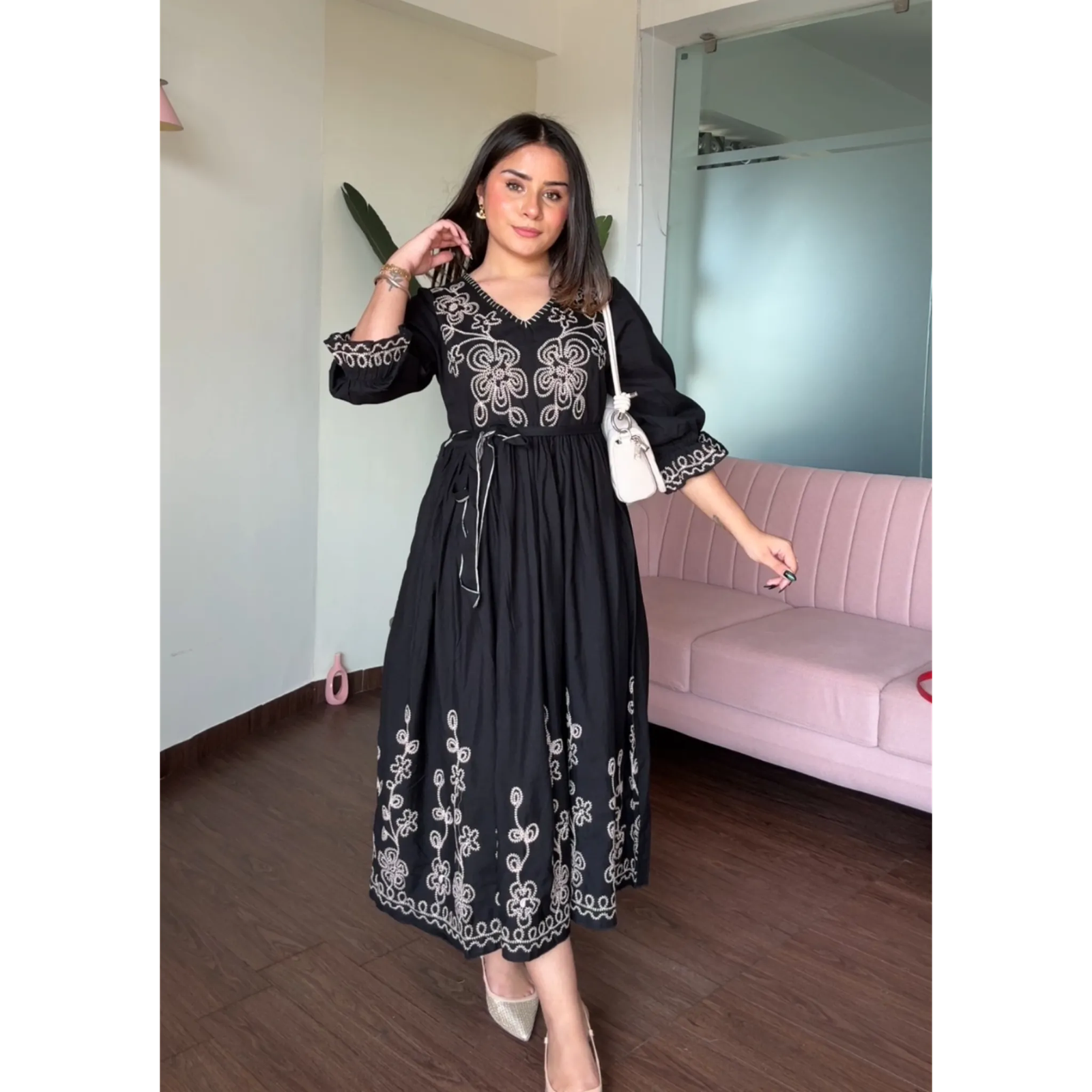 Embroidered Black V Neck Midi Dress With Belt