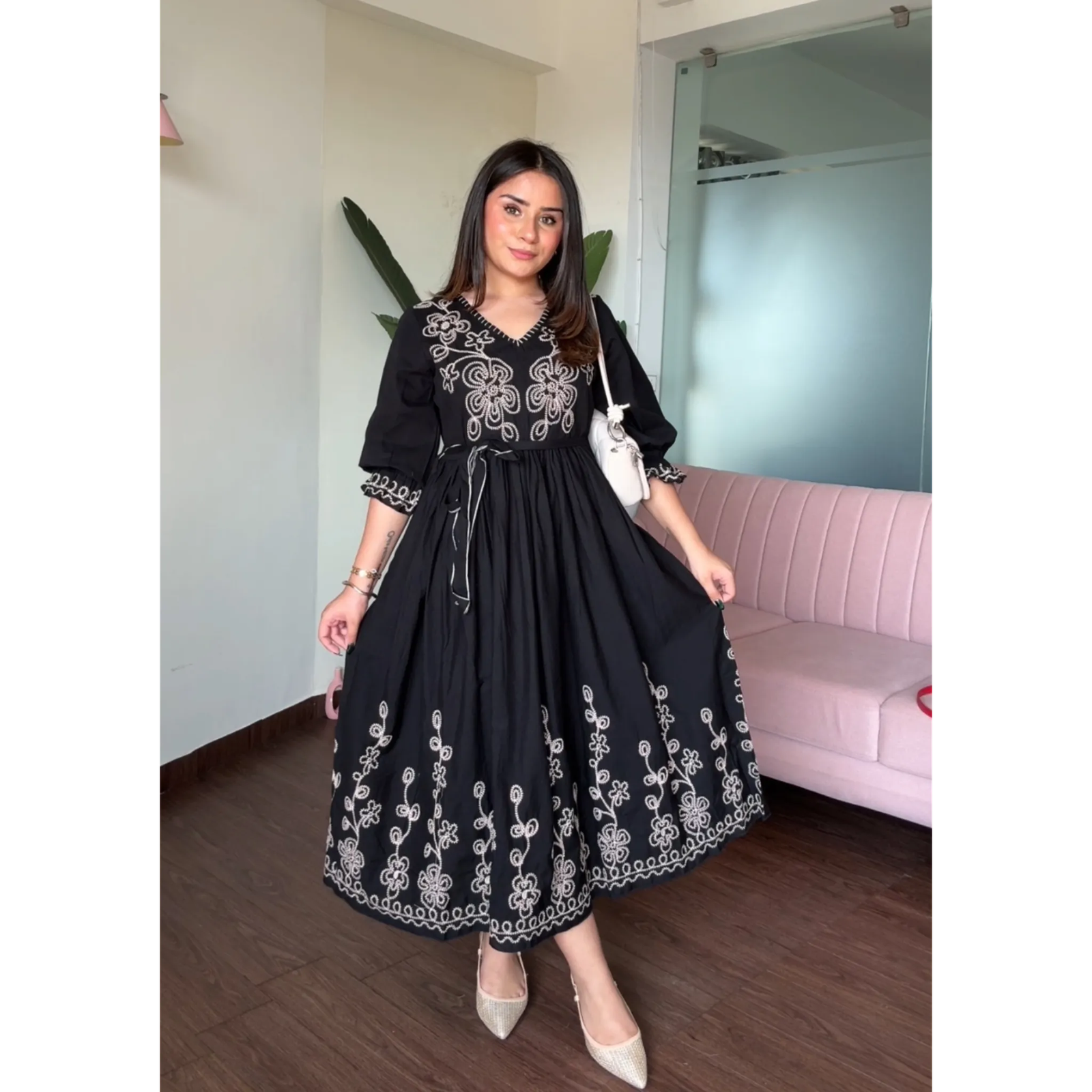 Embroidered Black V Neck Midi Dress With Belt