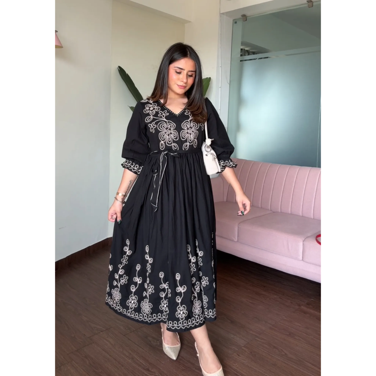 Embroidered Black V Neck Midi Dress With Belt