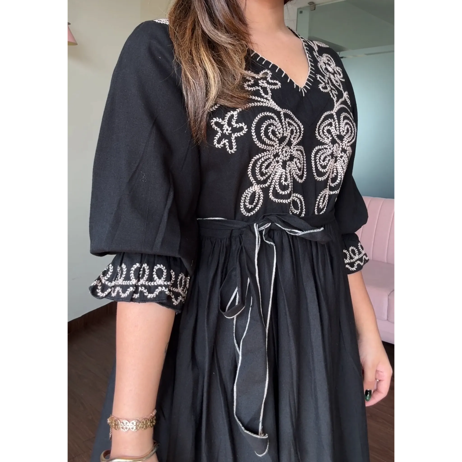 Embroidered Black V Neck Midi Dress With Belt