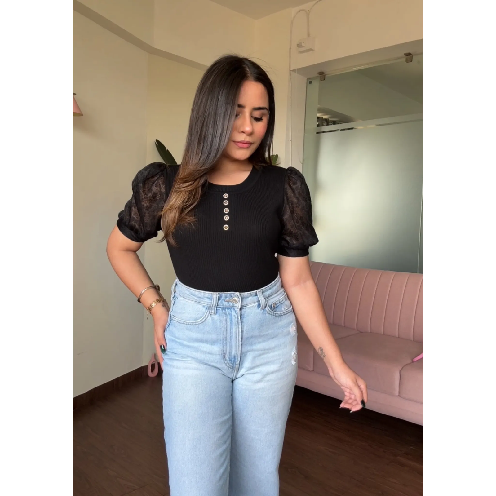 Lacy Ribbed Puff Sleeves Top