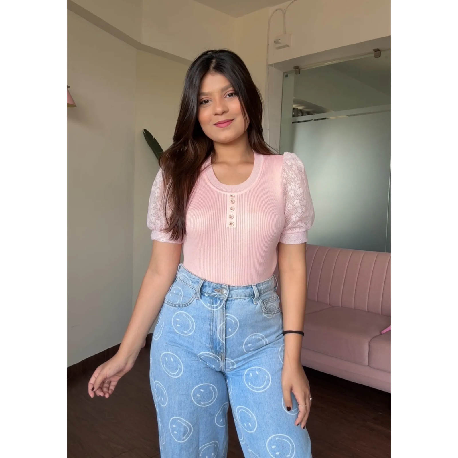 Lacy Ribbed Puff Sleeves Top