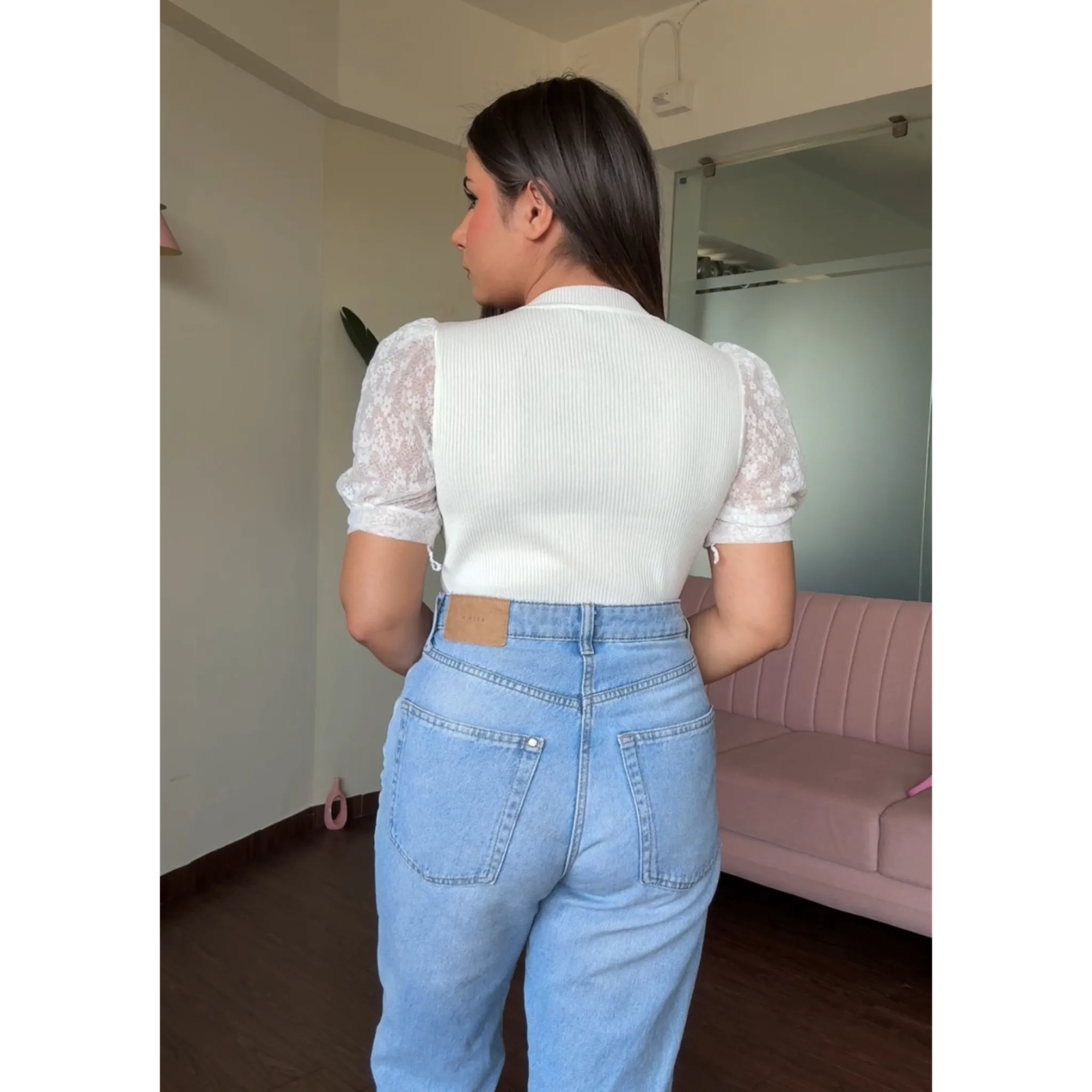 Lacy Ribbed Puff Sleeves Top