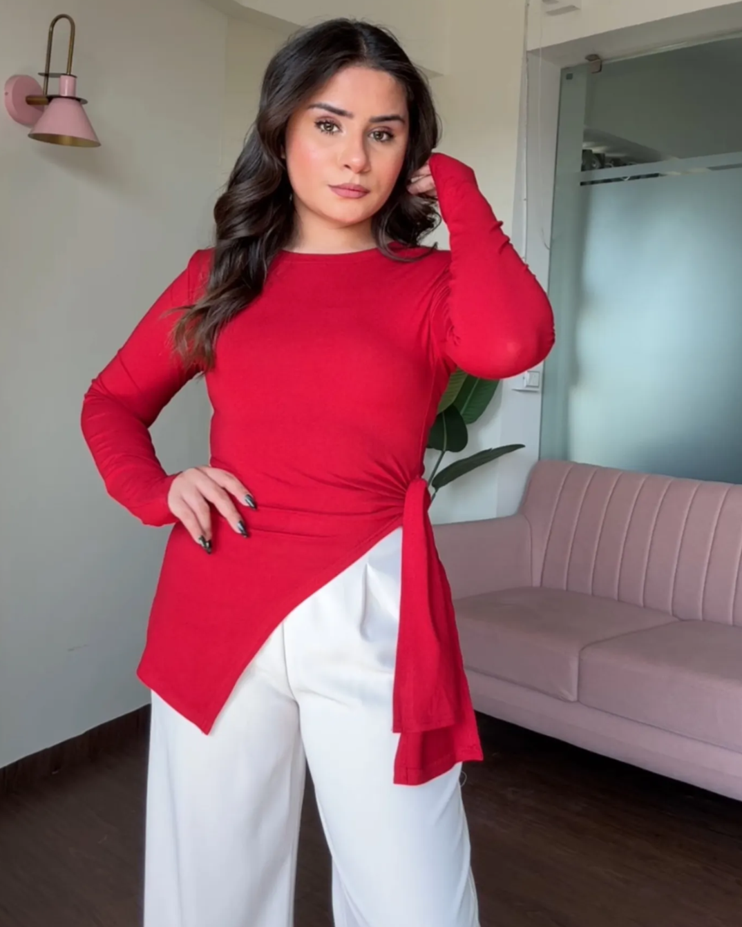 Asymmetric Hem Tie Up Full Sleeves Top