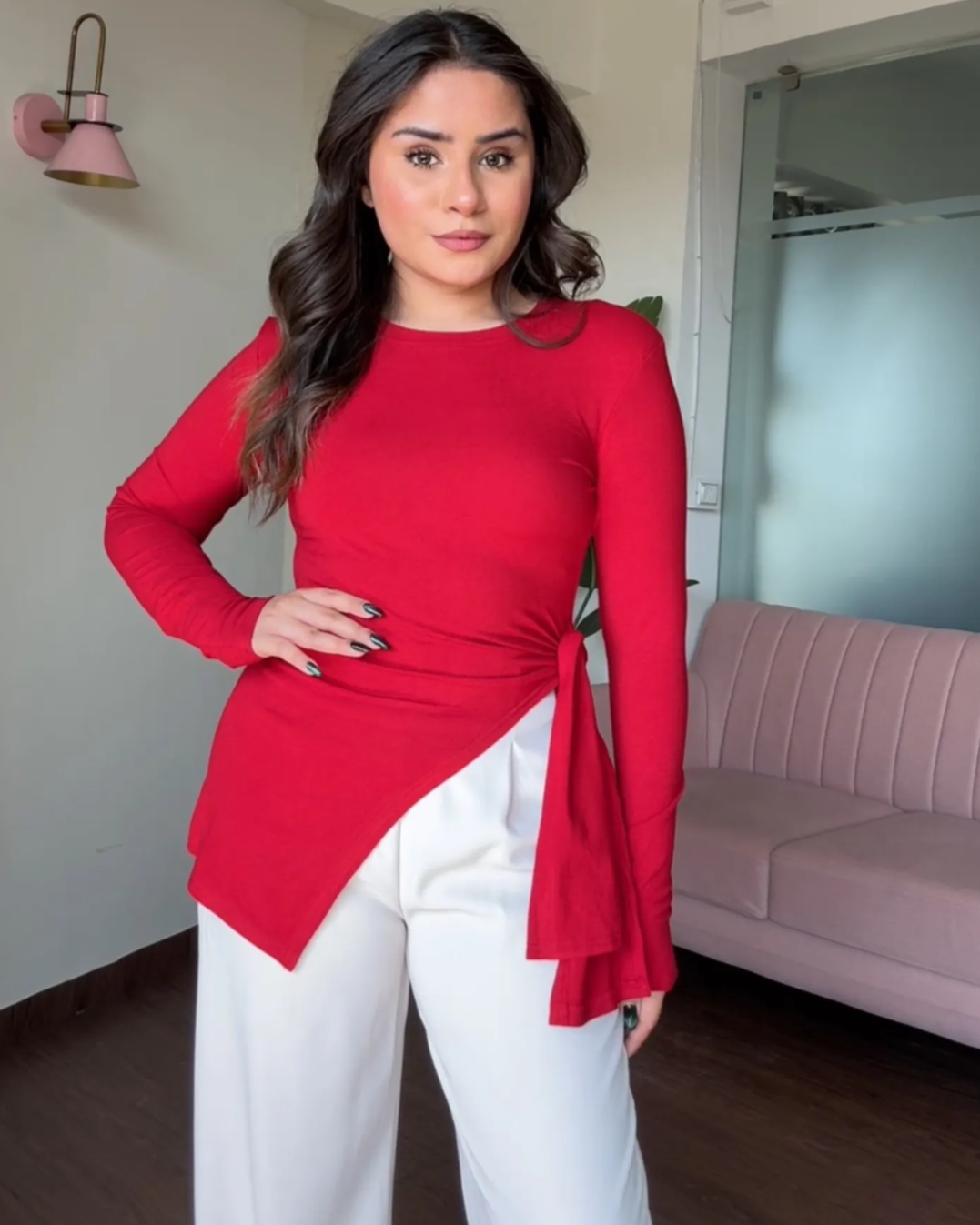 Asymmetric Hem Tie Up Full Sleeves Top