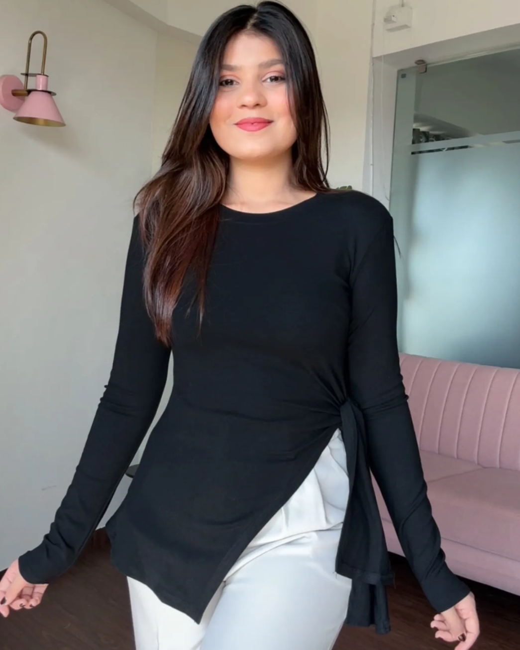 Asymmetric Hem Tie Up Full Sleeves Top