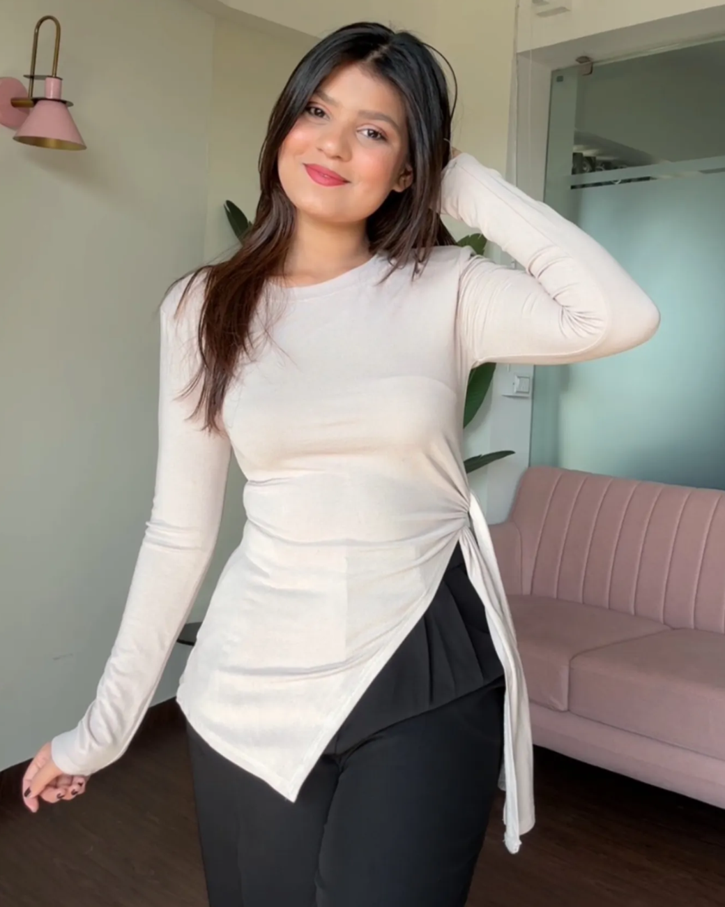 Asymmetric Hem Tie Up Full Sleeves Top