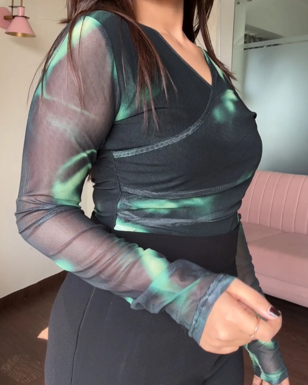 Tie Dye V Neck Ruched Mesh Top