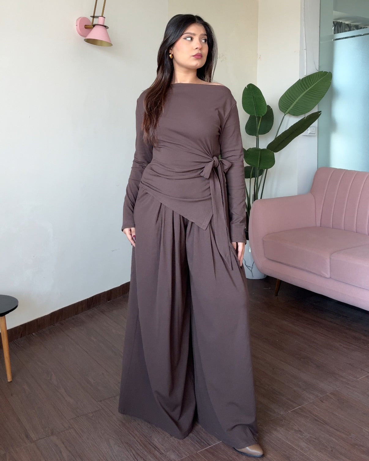 High Neck Knot Detailing And Pleated Pants Co-ord Set