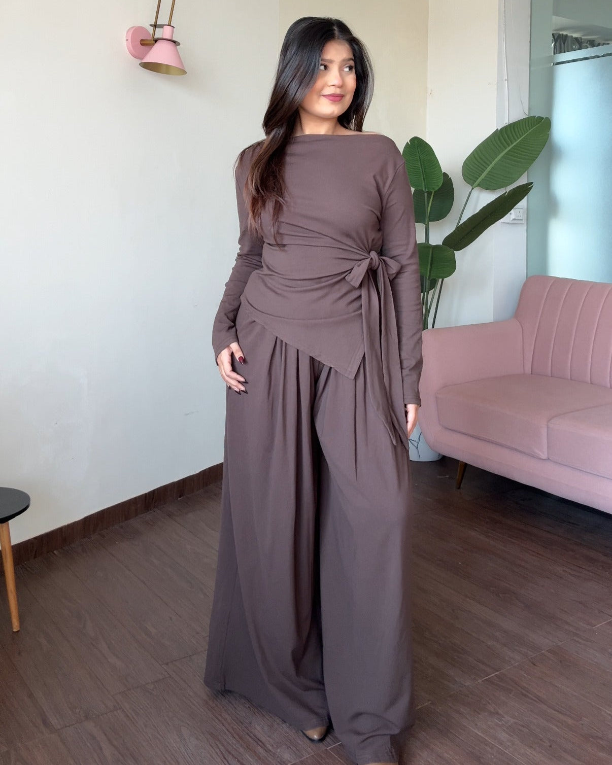 High Neck Knot Detailing And Pleated Pants Co-ord Set