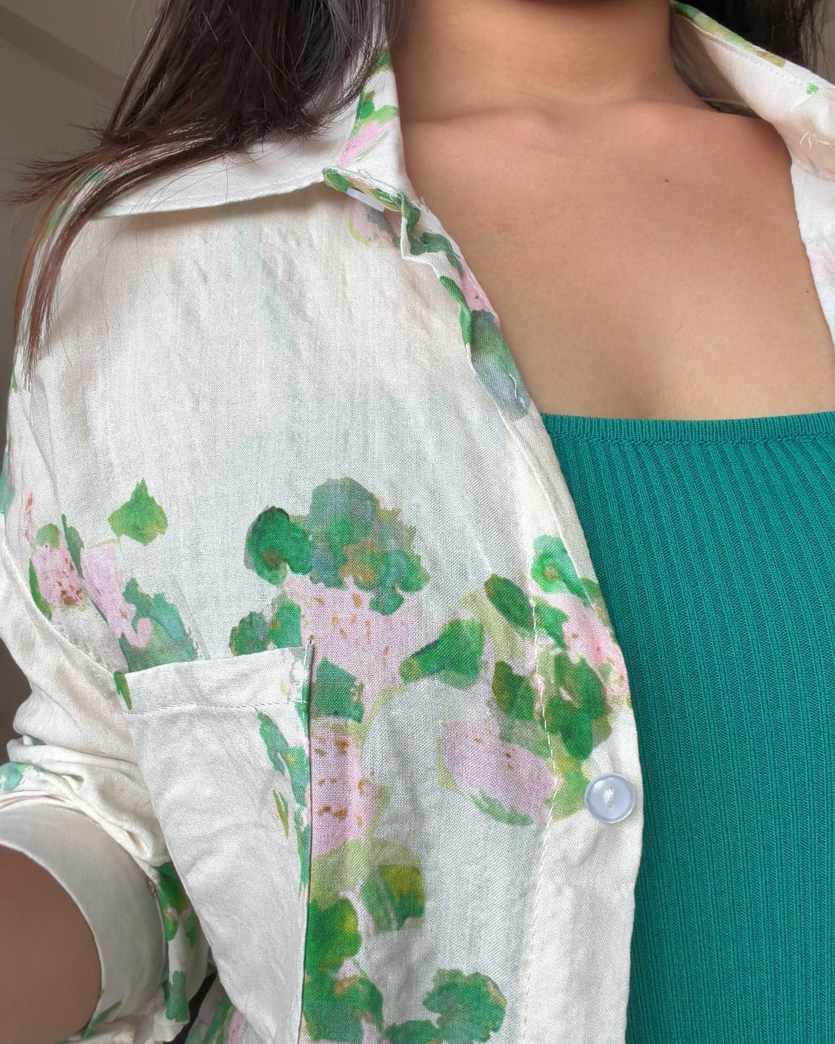 Cream Floral Detailing Summer Relaxed Fit Shirt With Cami Top
