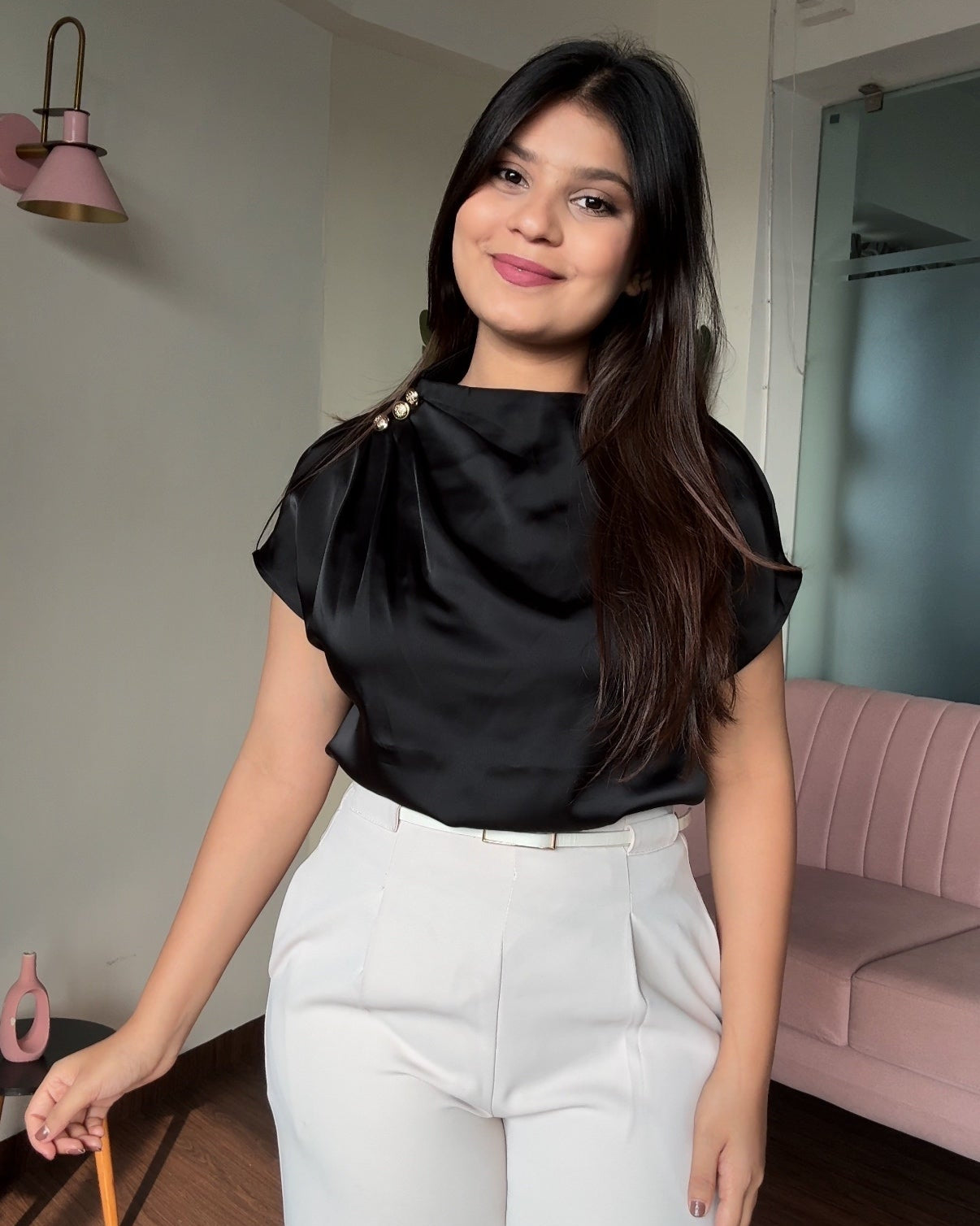 Golden Button Draped Satin Top