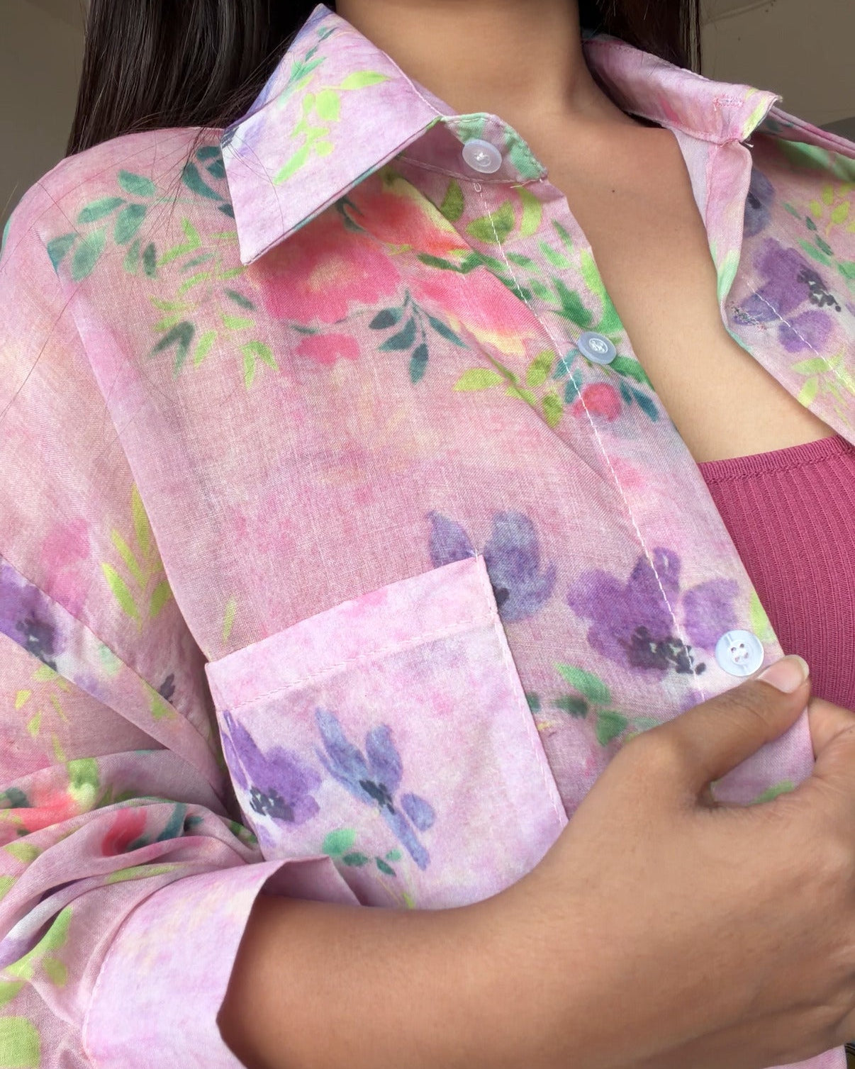 Floral Sheer Relaxed Fit Summer Shirt With Cami Top