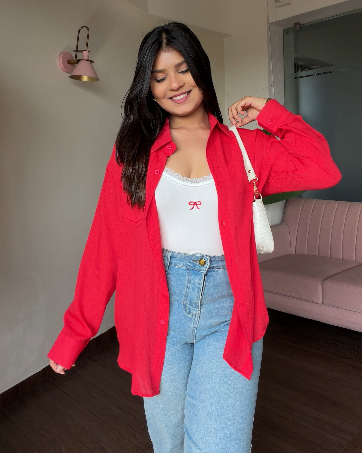 Cotton Solid Shirt With Bow Detailing Cami Top