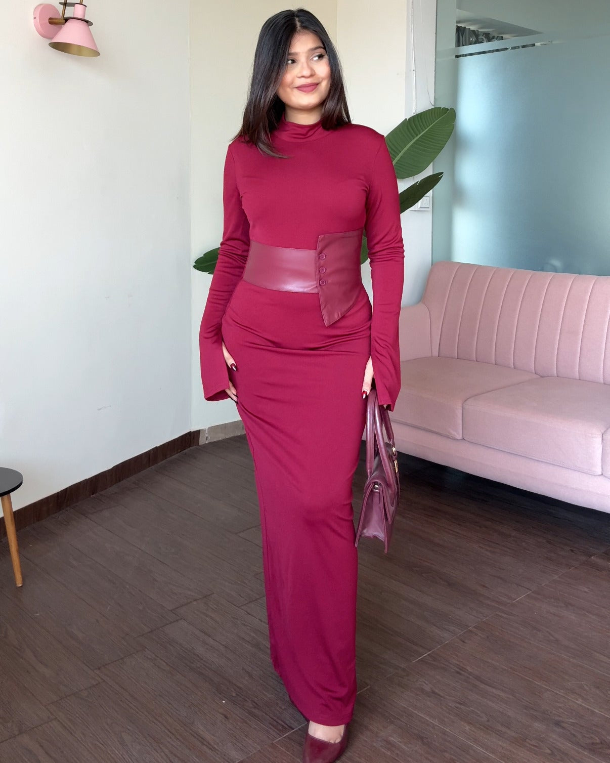 Leather Belted High Neck Fitted Midi Dress