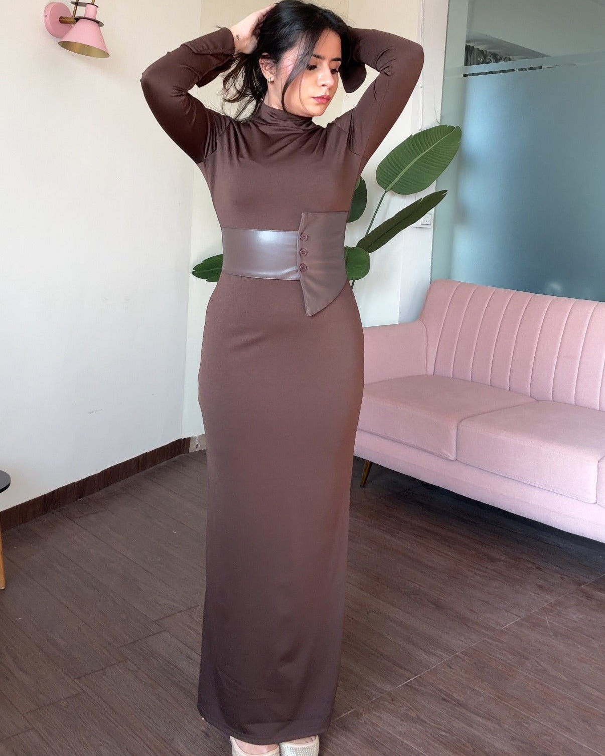 Leather Belted High Neck Fitted Midi Dress