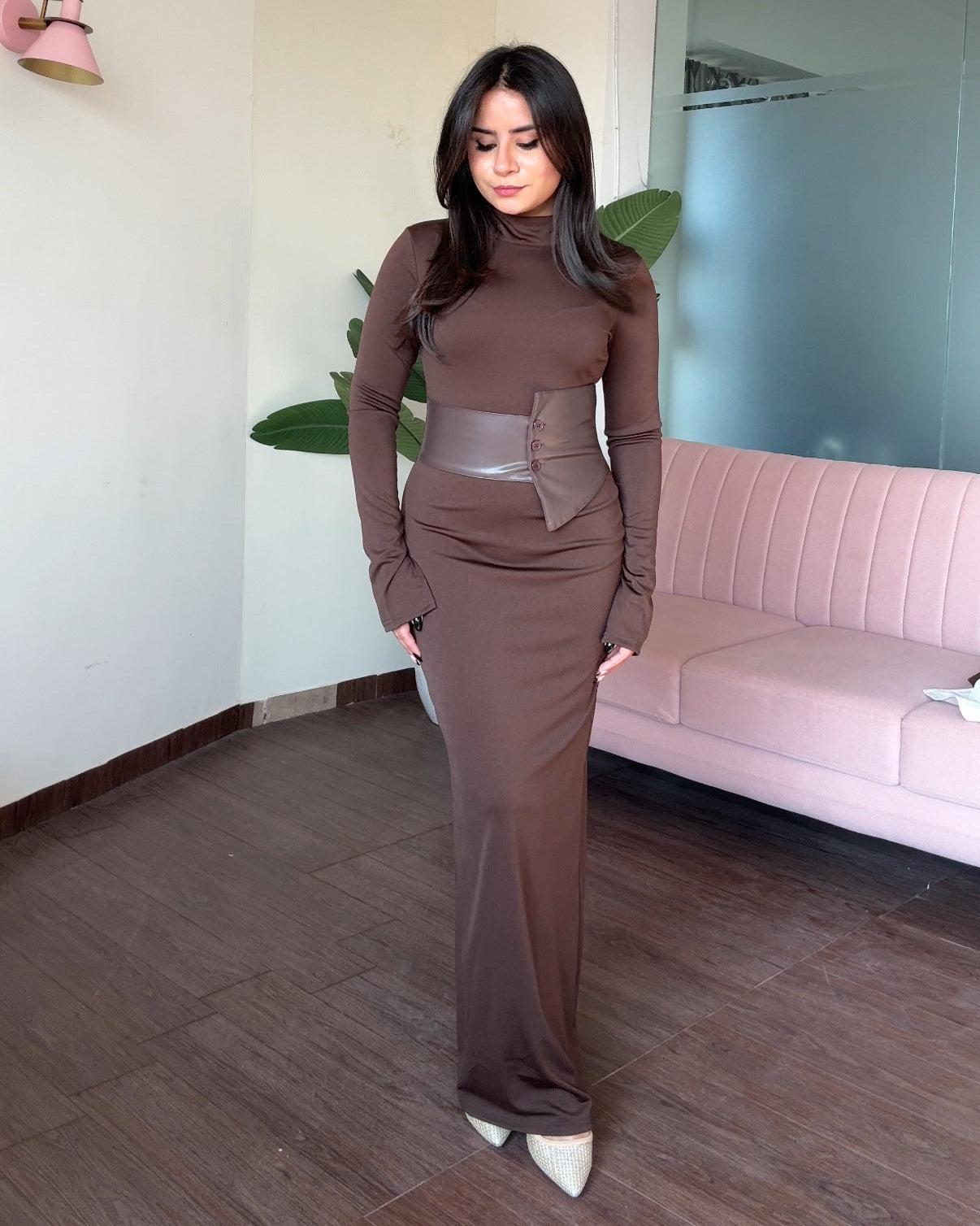 Leather Belted High Neck Fitted Midi Dress