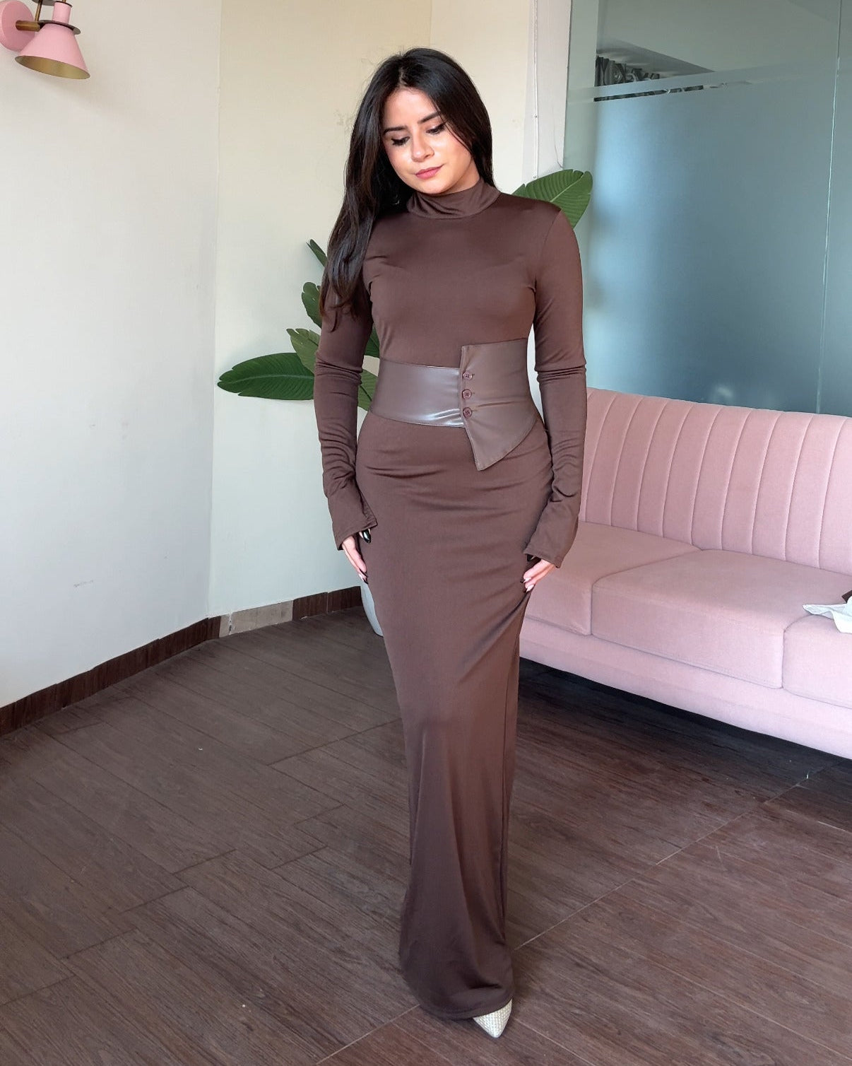 Leather Belted High Neck Fitted Midi Dress