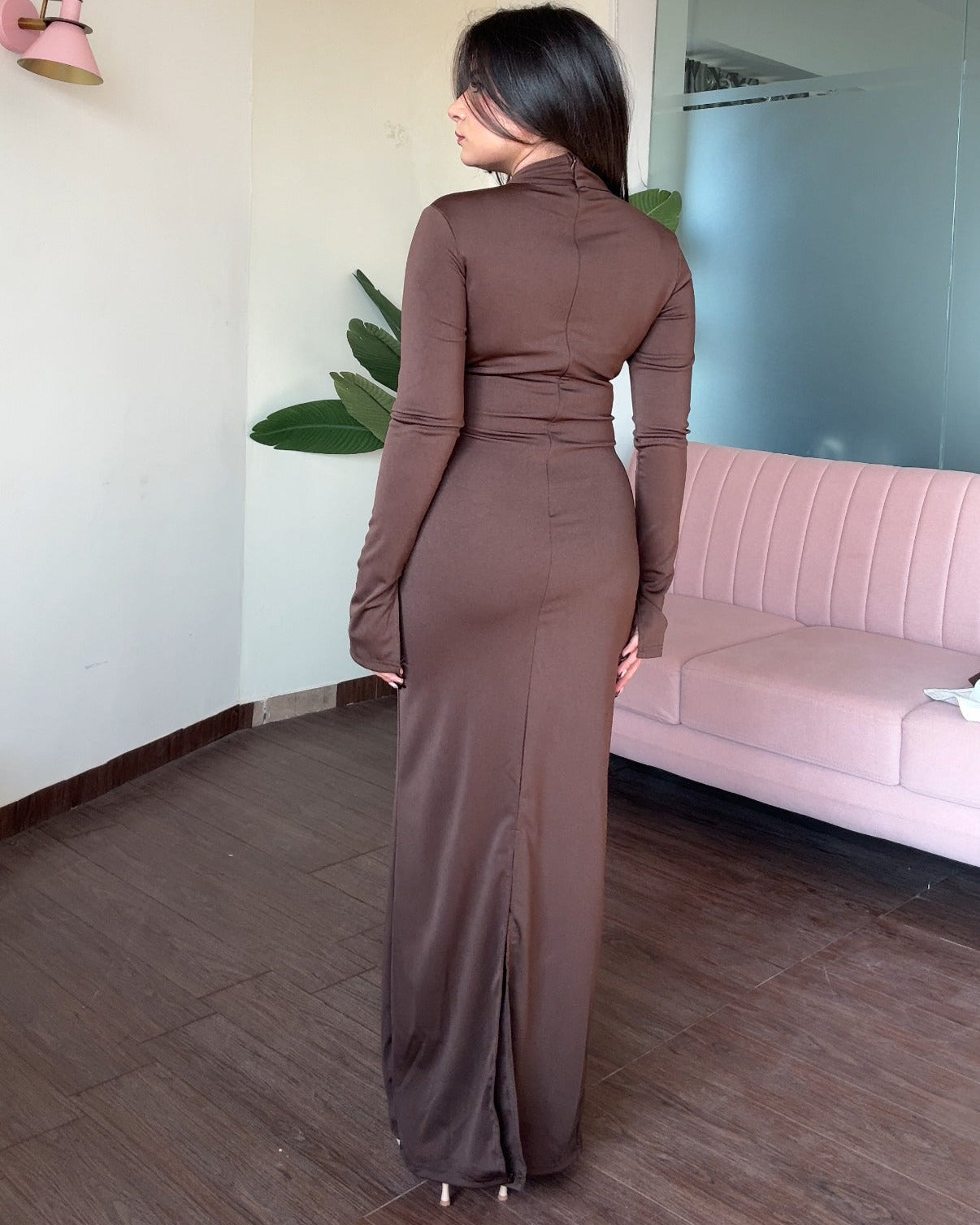 Leather Belted High Neck Fitted Midi Dress