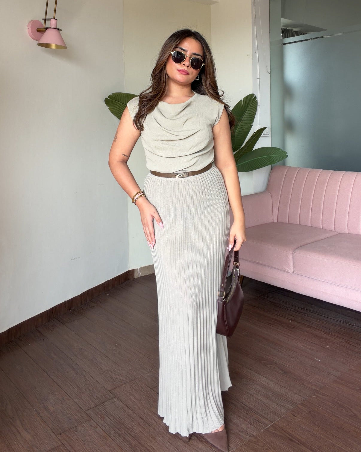 Cowl Neck Top And Pleated Midi Skirt Co-ord Set