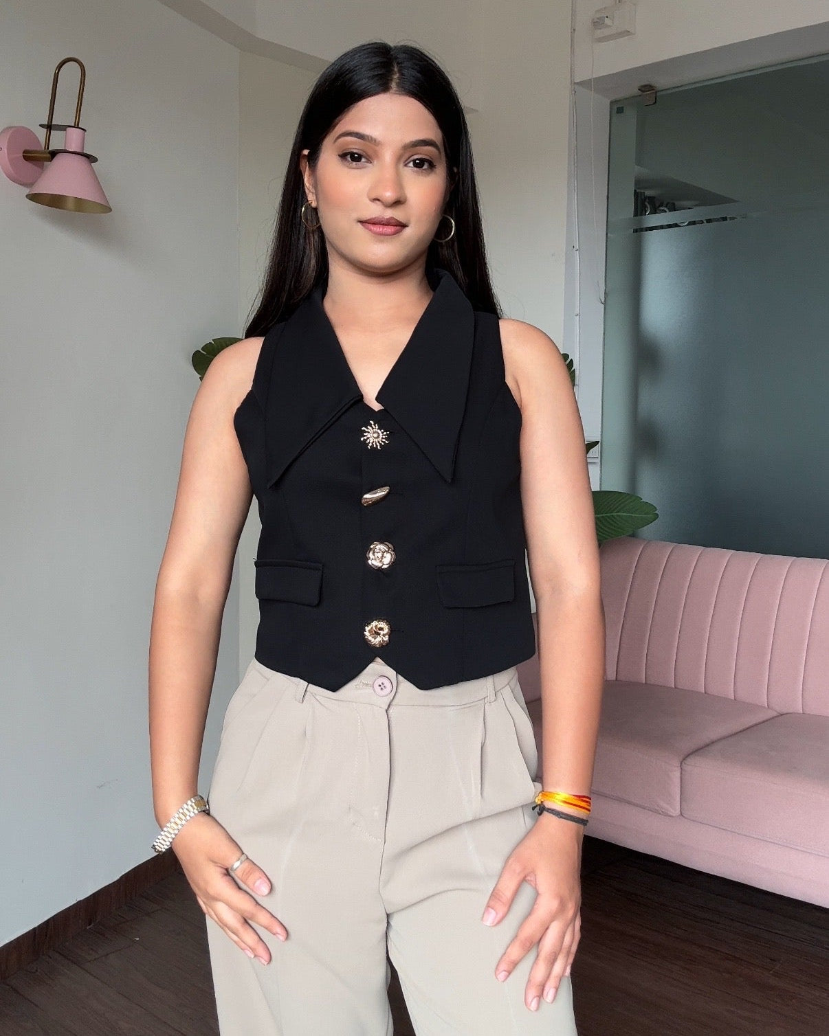Golden Button Detailing Korean Collared Vest