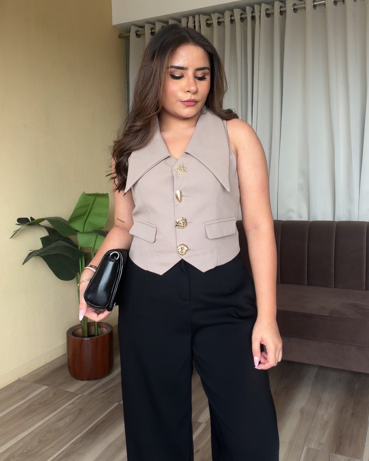 Golden Button Detailing Korean Collared Vest