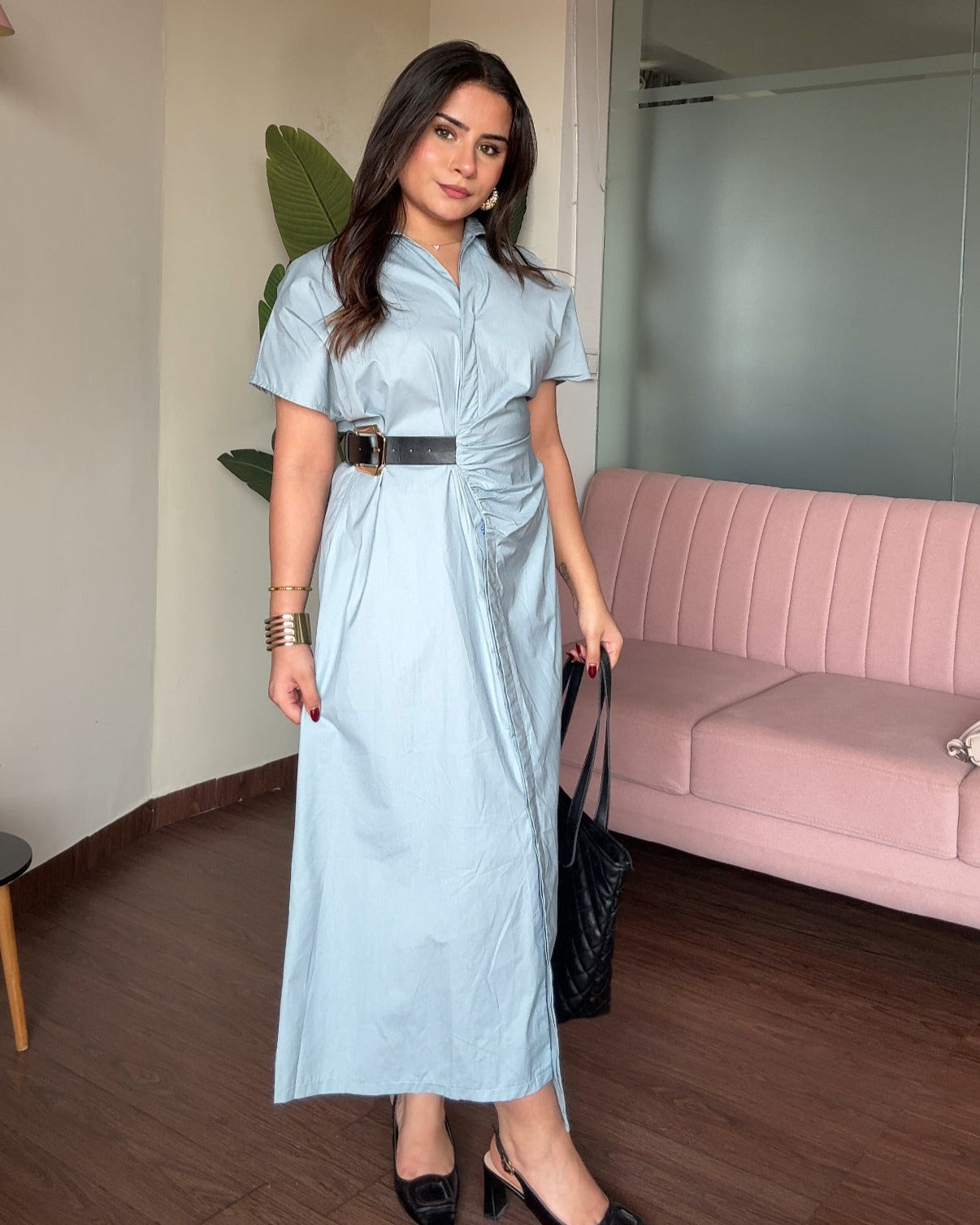 Ruched Belted Shirt Dress