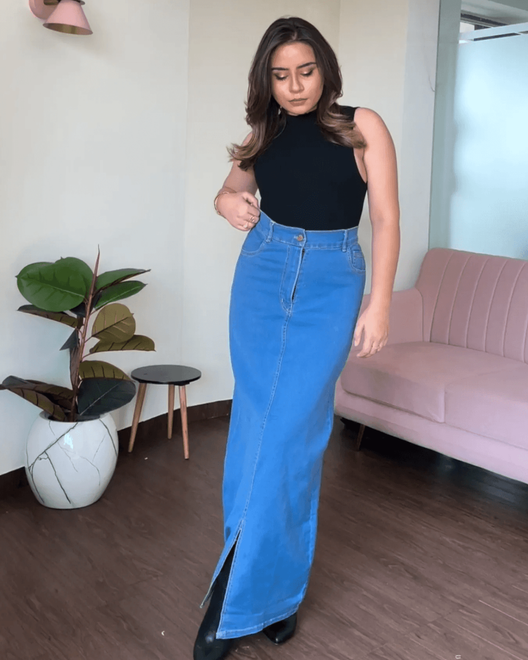 Denim Long A-Line Skirt
