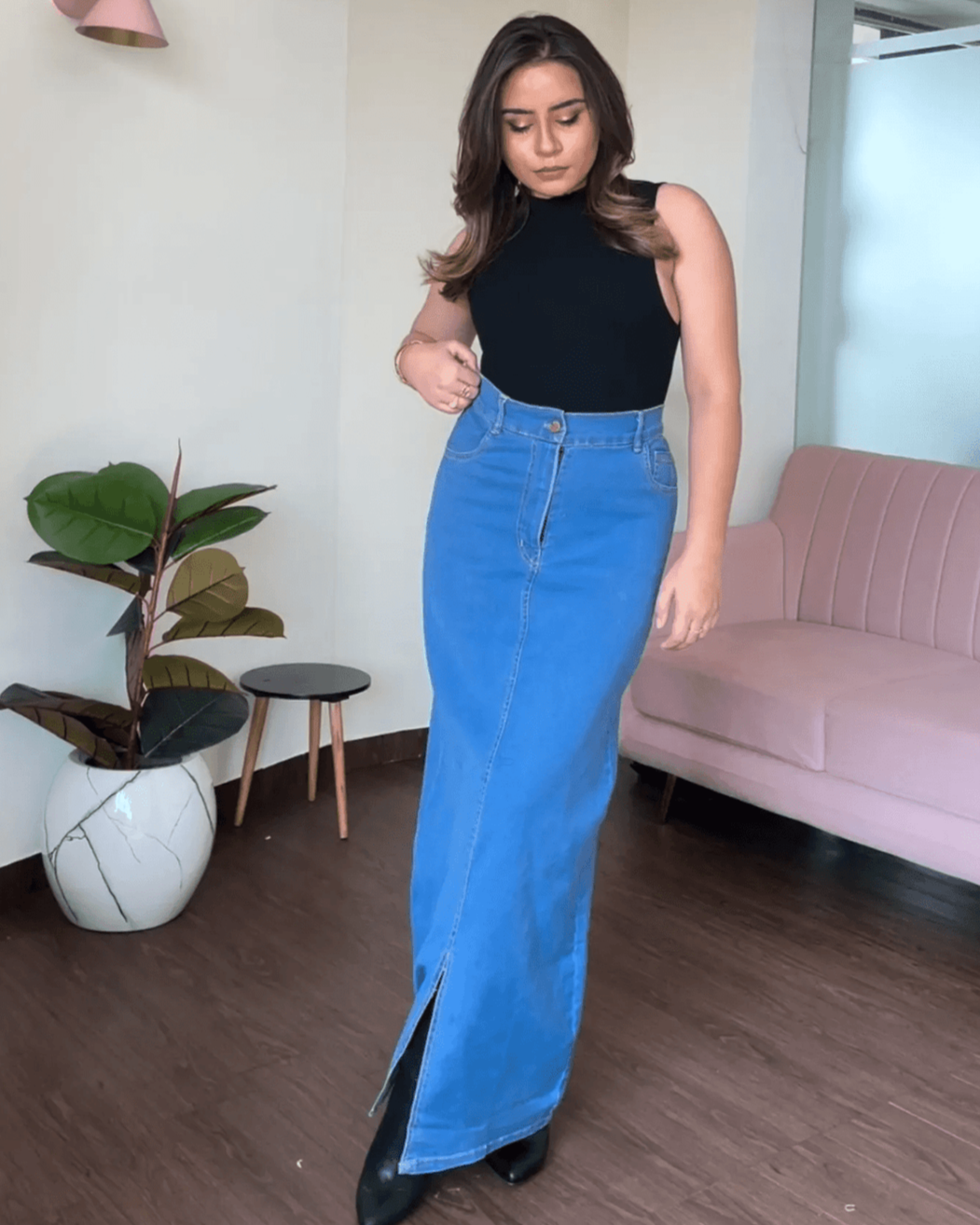 Denim Long A-Line Skirt