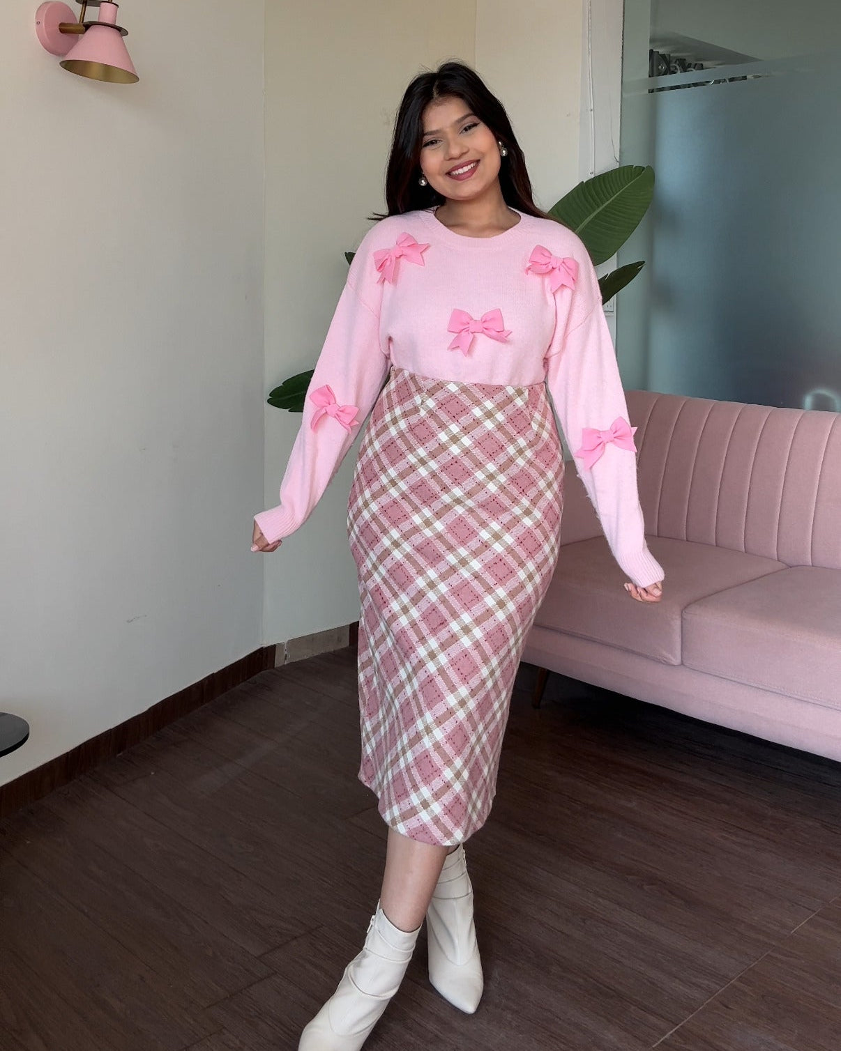 Baby Pink Midi Plaid Skirt