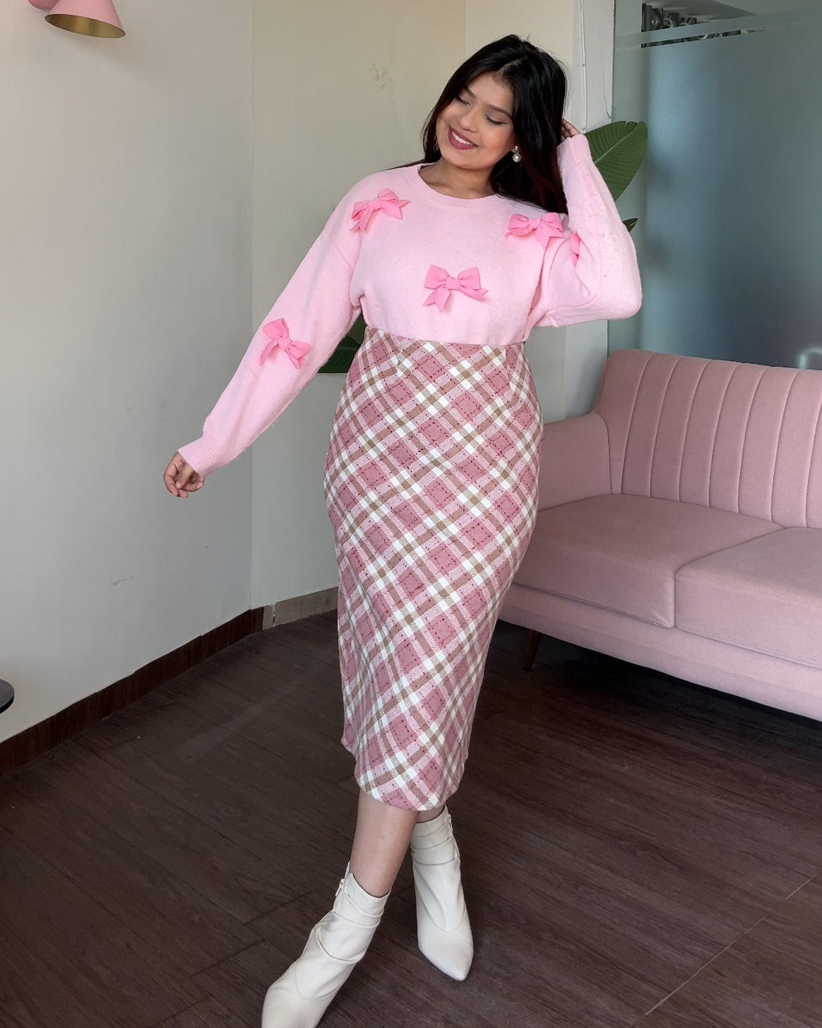 Baby Pink Midi Plaid Skirt