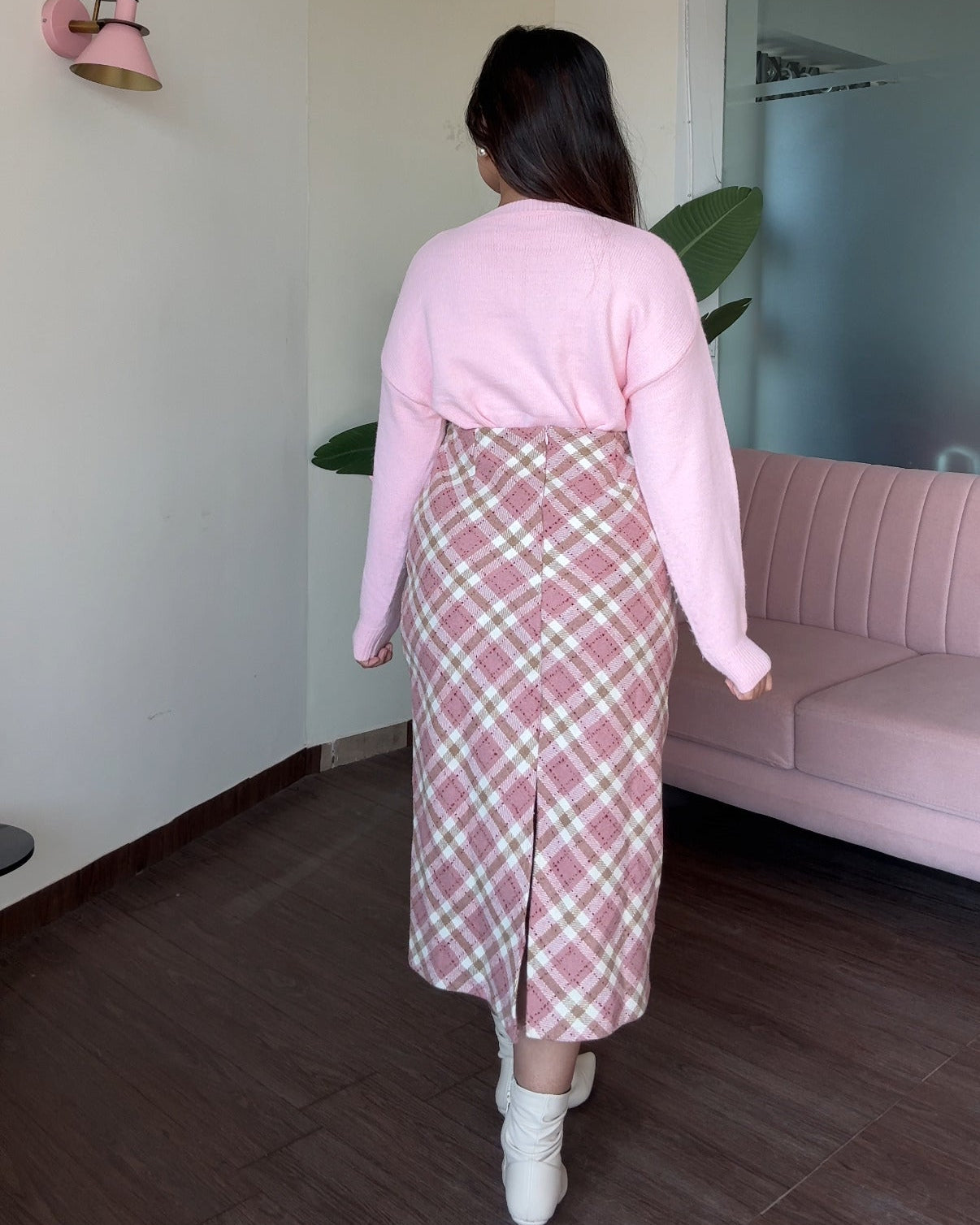 Baby Pink Midi Plaid Skirt