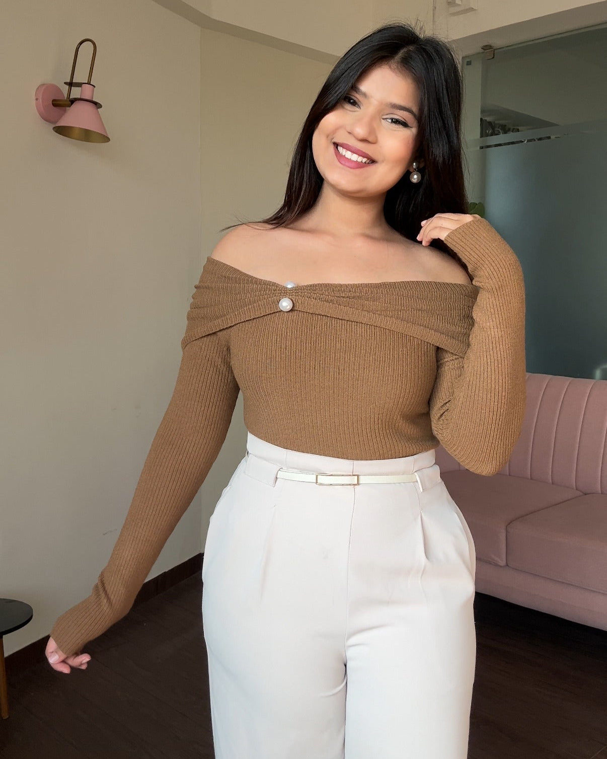 Draped Pearl Detailing Off Shoulder Sweater Top