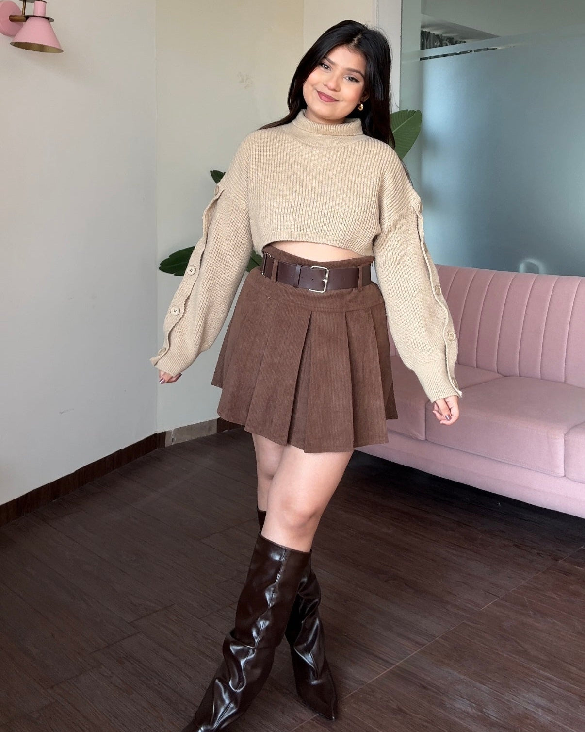 Corduroy Mini Skirt With Leather Belt