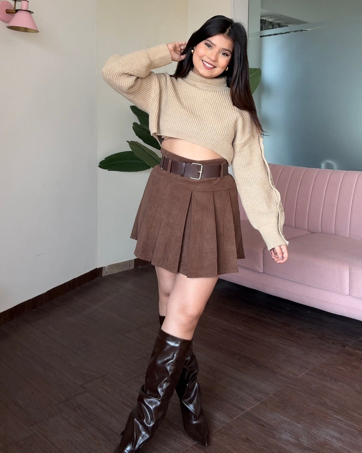 Corduroy Mini Skirt With Leather Belt