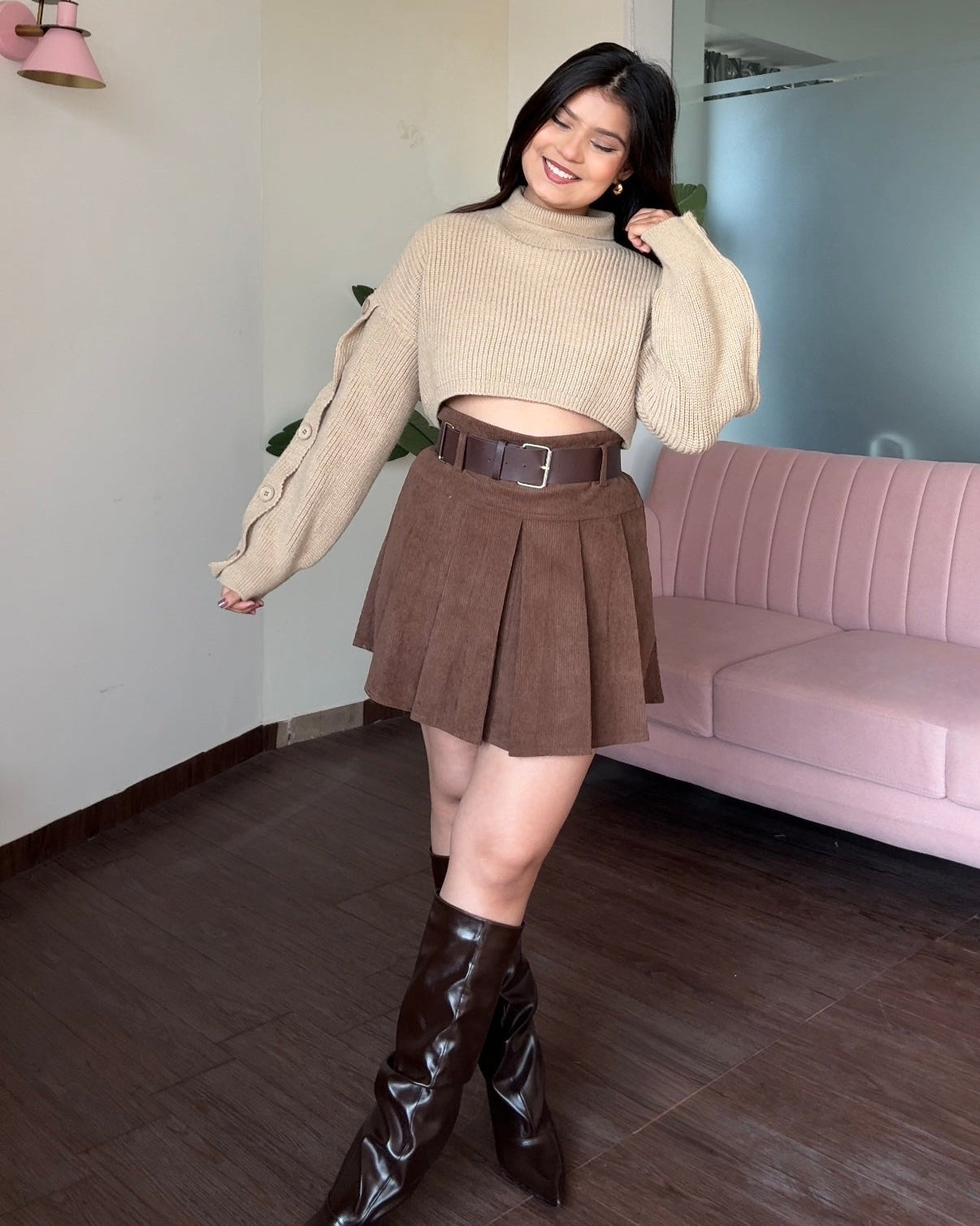 Corduroy Mini Skirt With Leather Belt