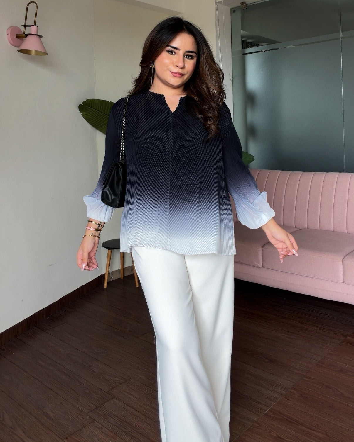Ombre Free Size Pleated Fabric Balloon Sleeve Top