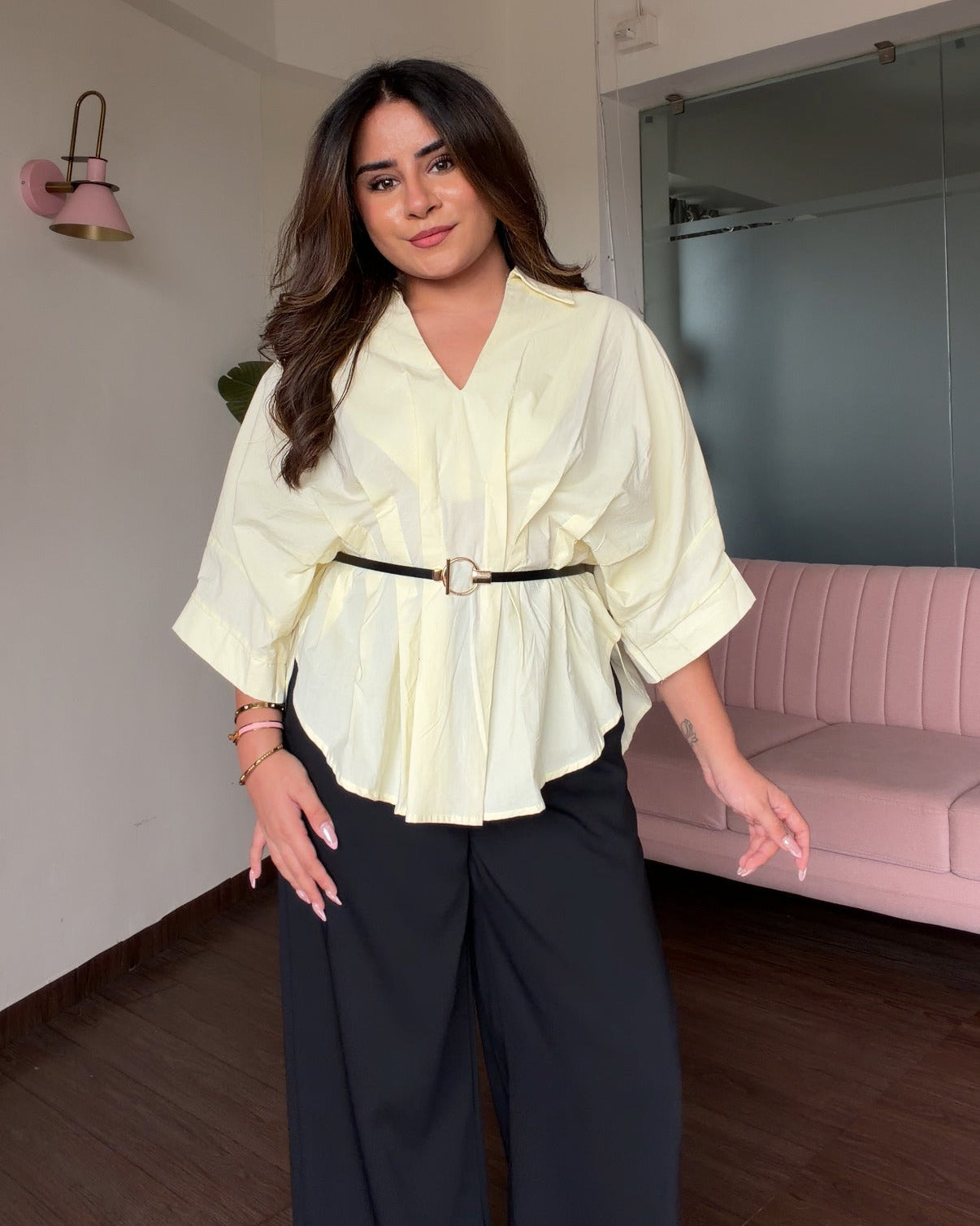 Waist Pleated Detailing Relaxed Fit Cotton Shirt With Belt