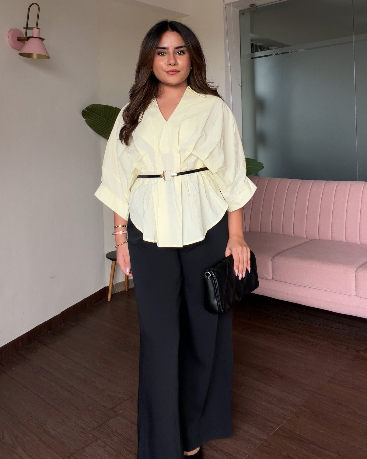 Waist Pleated Detailing Relaxed Fit Cotton Shirt With Belt