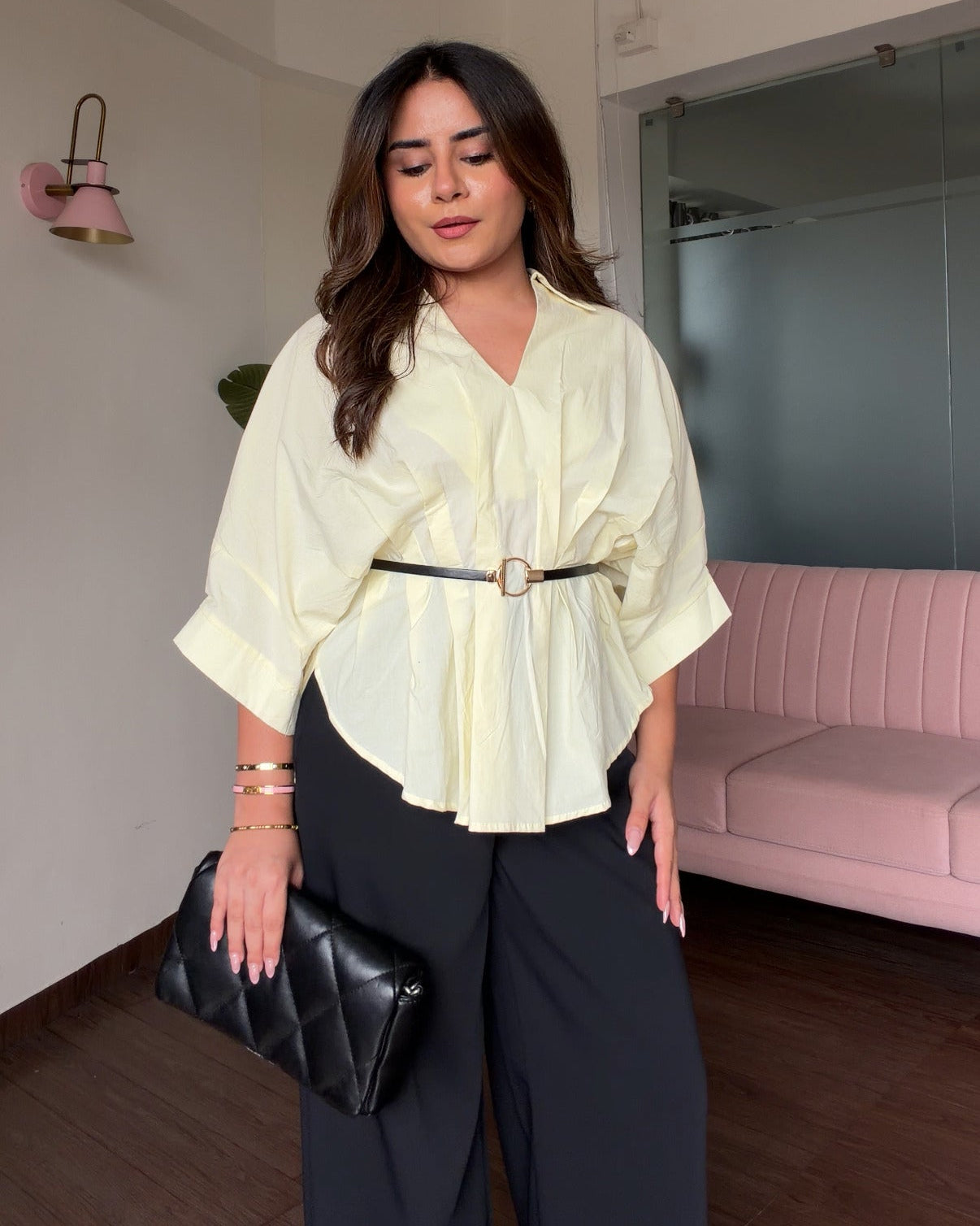 Waist Pleated Detailing Relaxed Fit Cotton Shirt With Belt